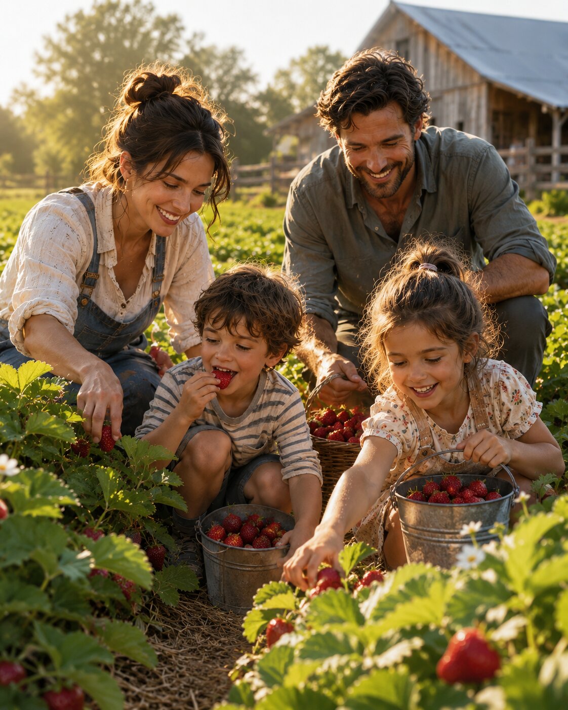 Children picking strawberries on a sunny farm in June