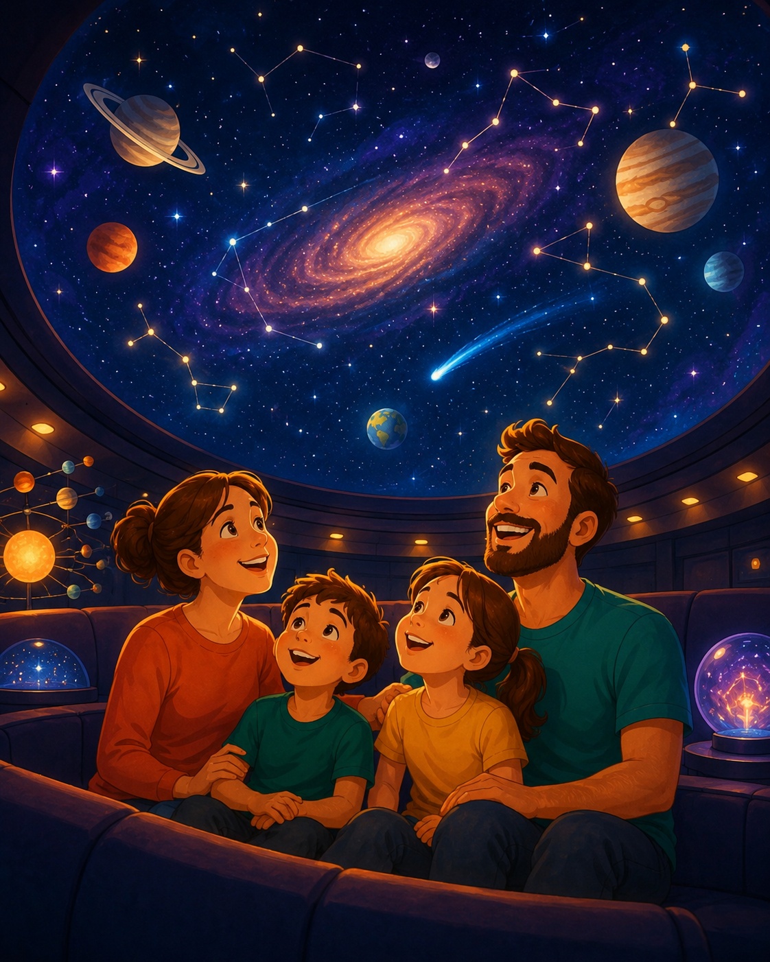 Children looking up at a dome full of stars in a planetarium