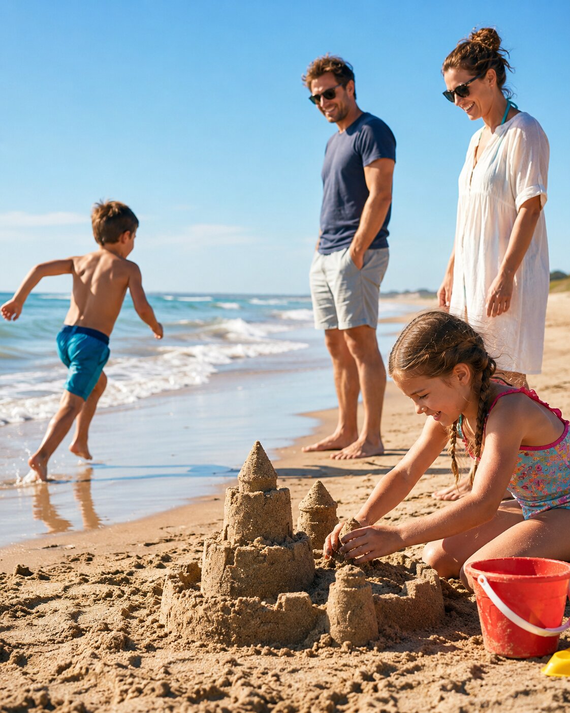 Family on a sunny beach with waves and sandcastles