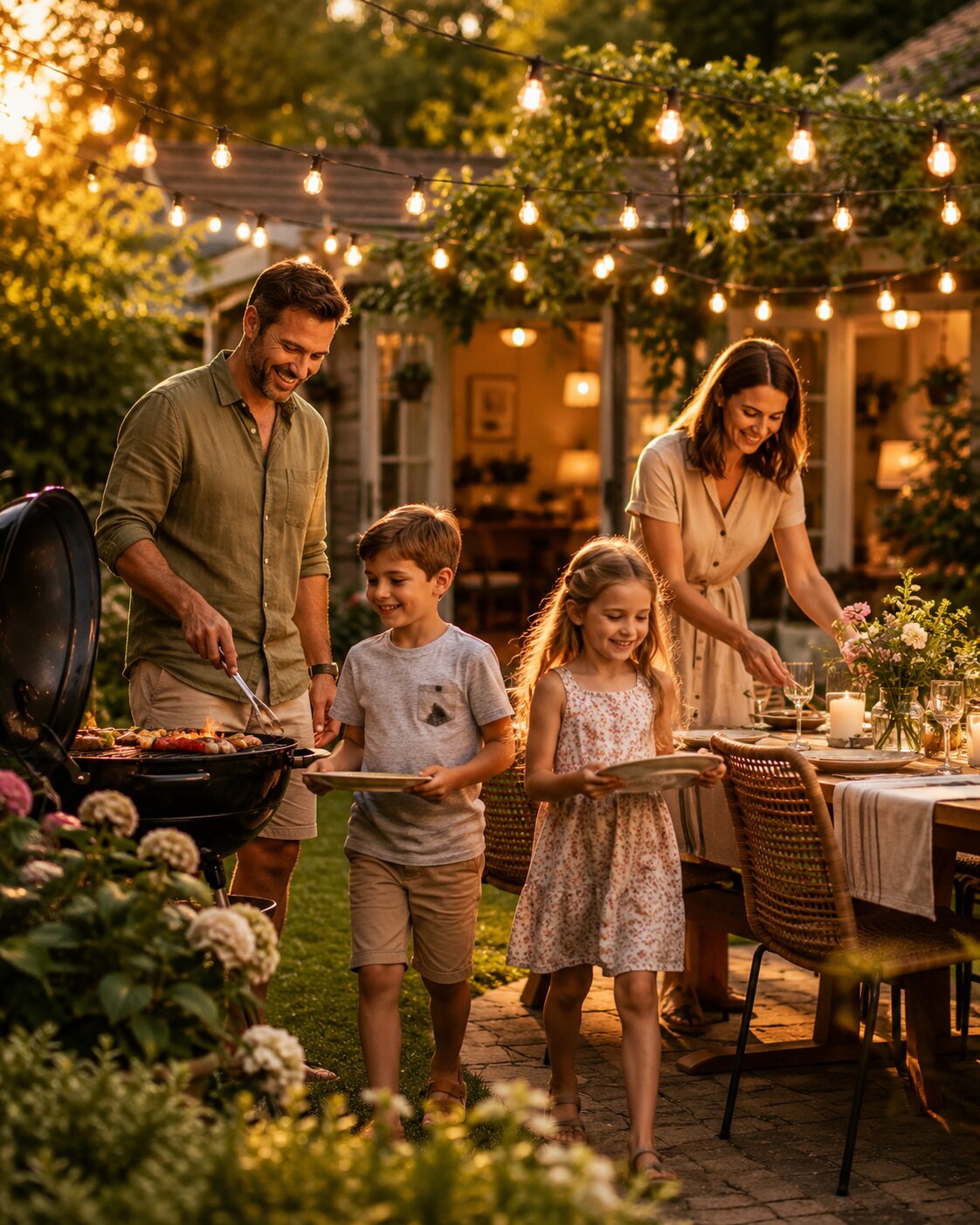 Family around a BBQ in the garden on a summer evening