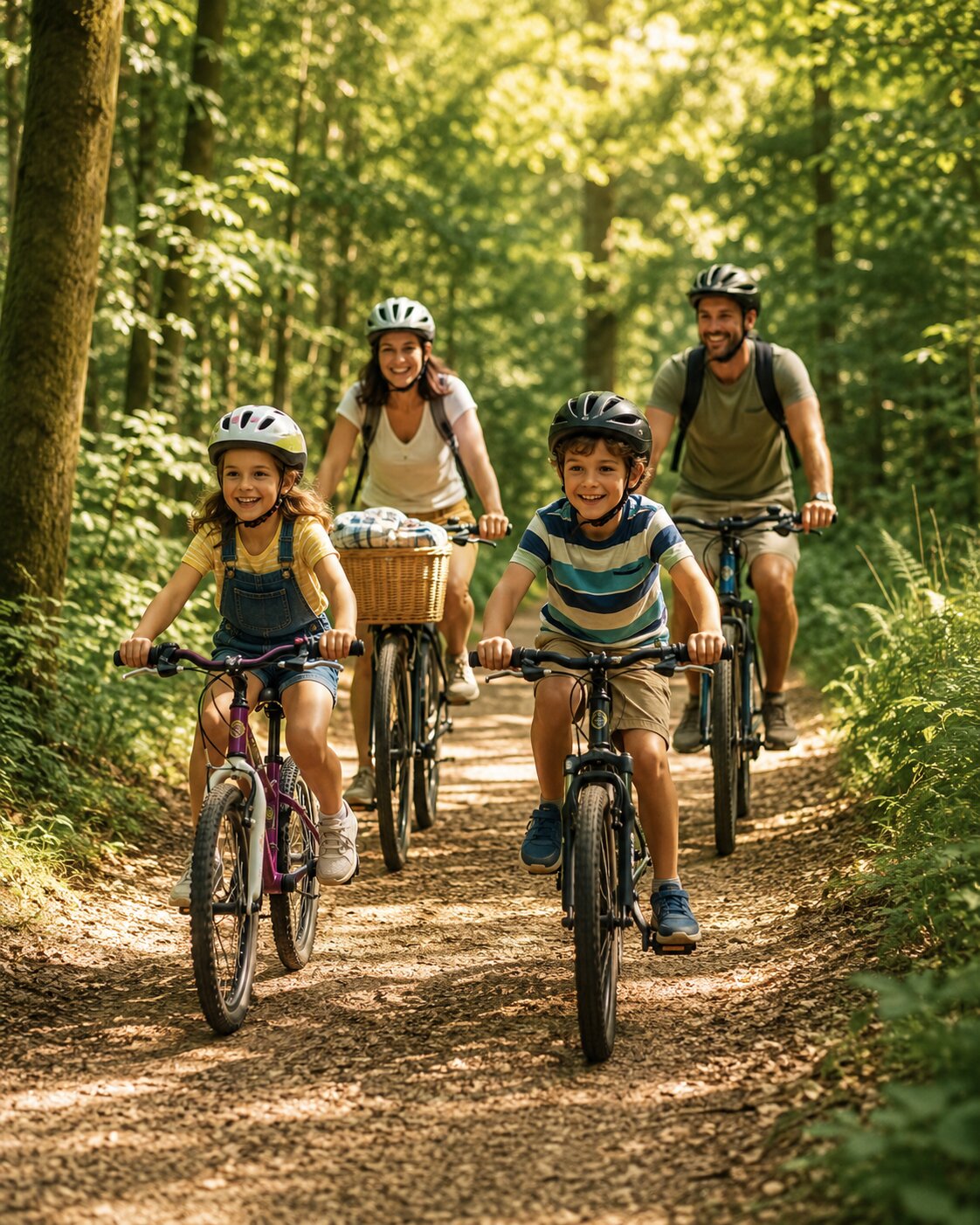 Family cycling on a sunny forest path in summer