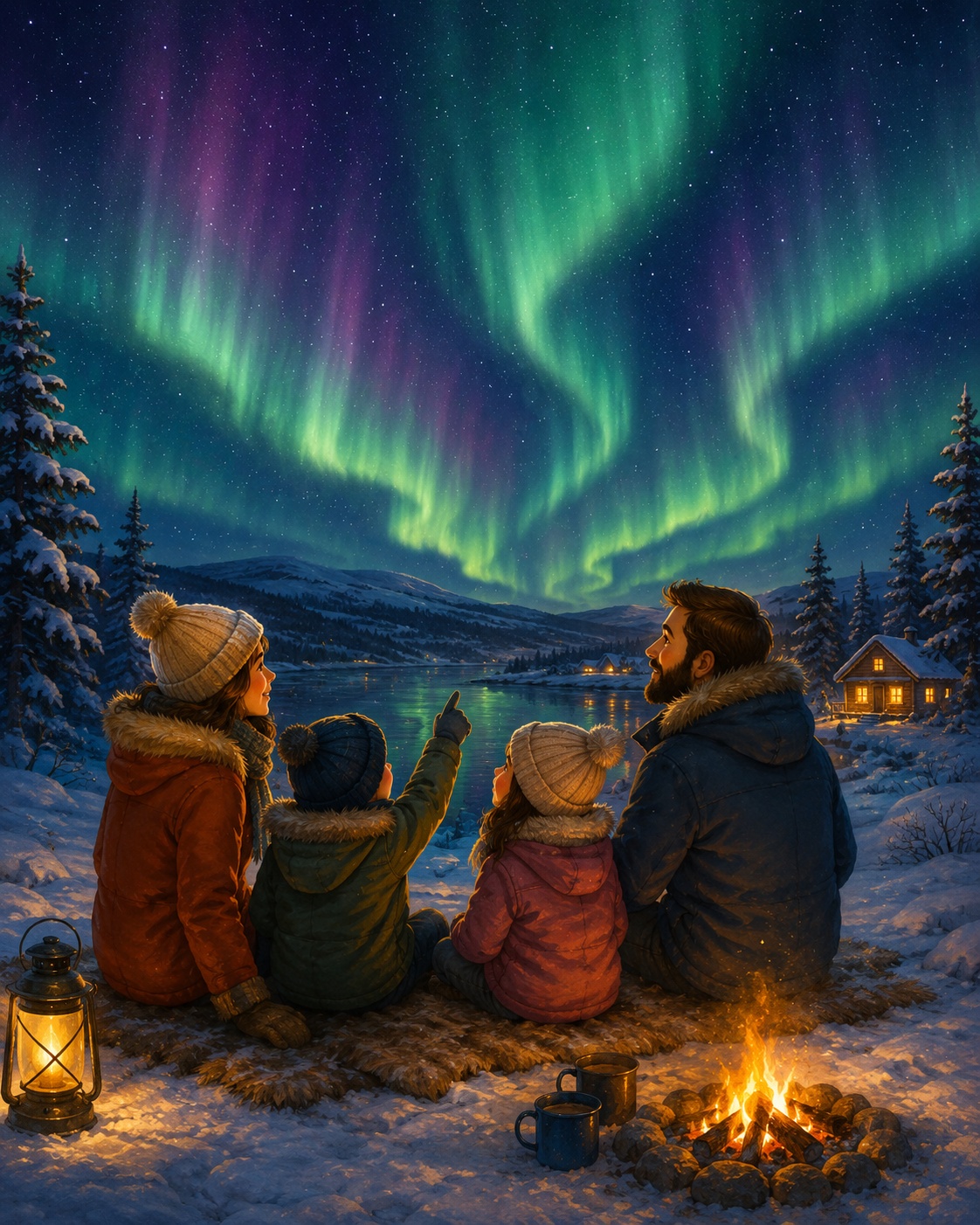 Northern Lights above a snowy landscape in Lapland