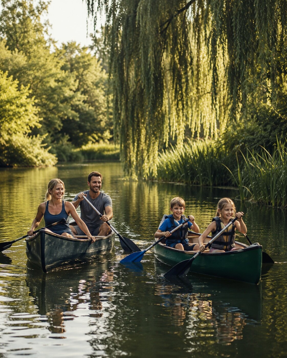 Family paddling canoes on a quiet river in summer