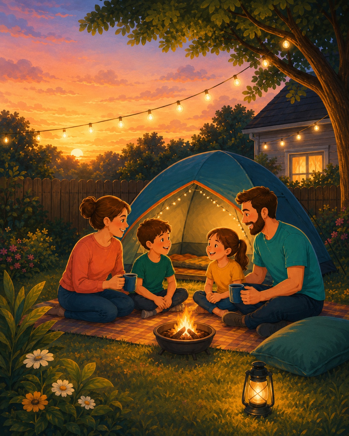 Family in tent in their backyard at sunset