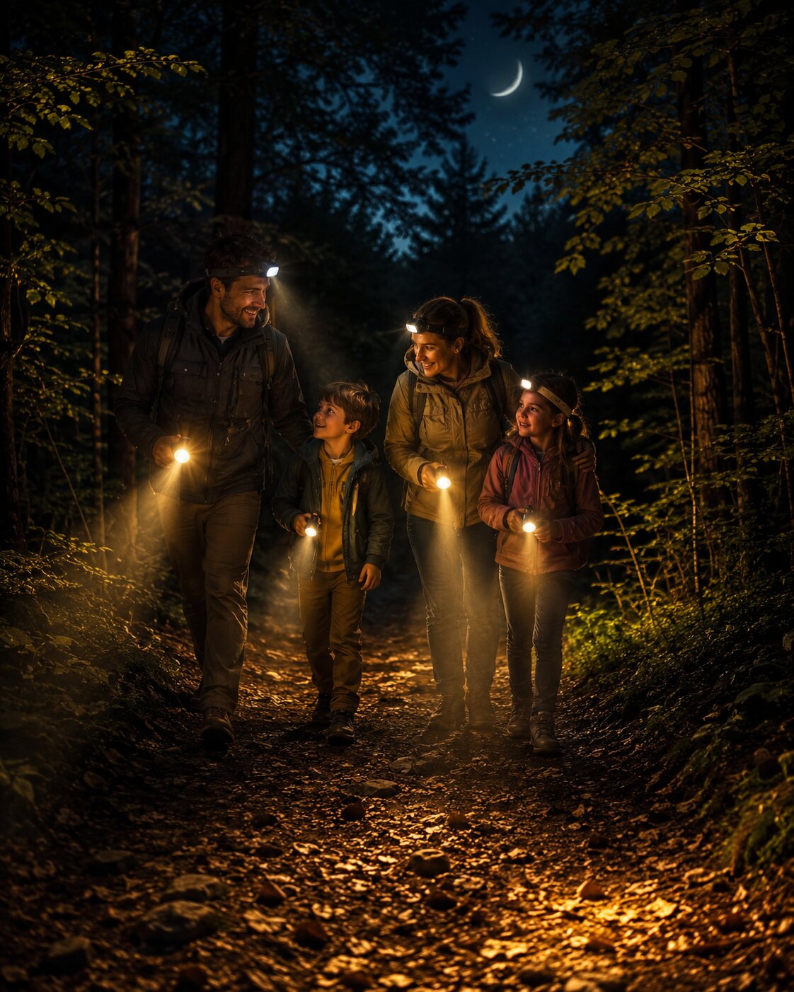 Family with torches on a dark forest path on a summer night