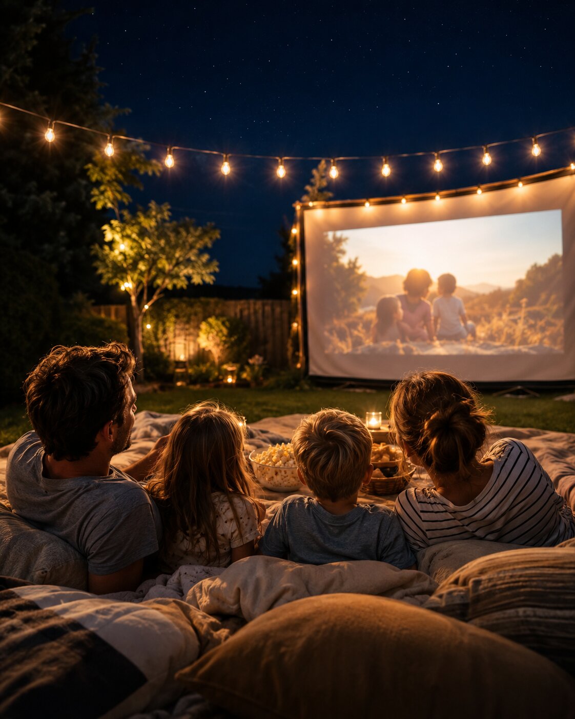 Family watching a film on a large outdoor screen in the evening
