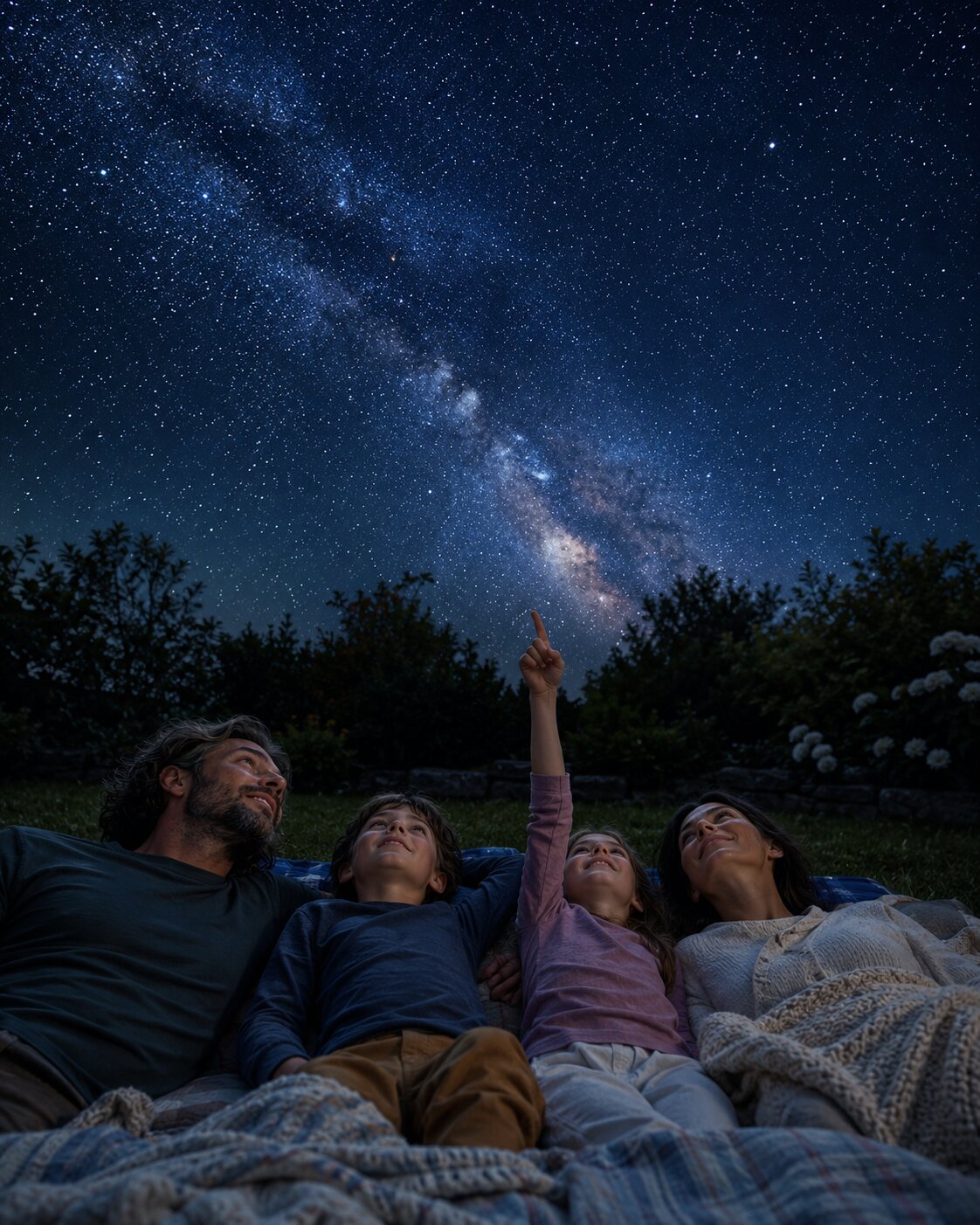 Family lying on blankets in the garden looking up at a starry sky