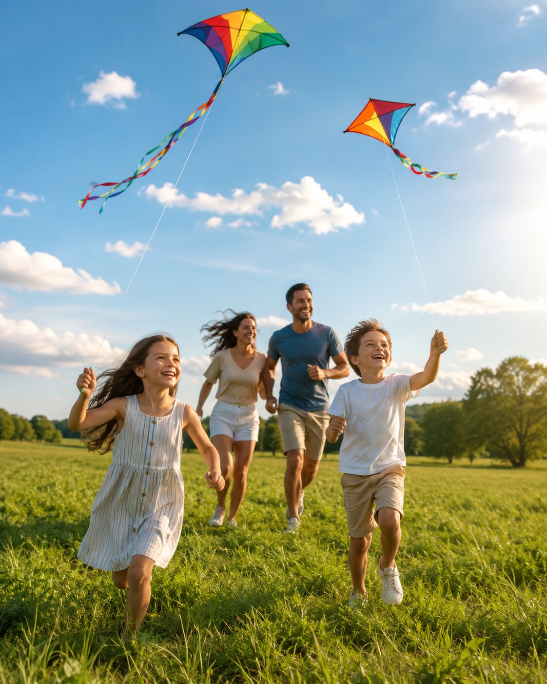 Children flying a colourful kite in an open meadow