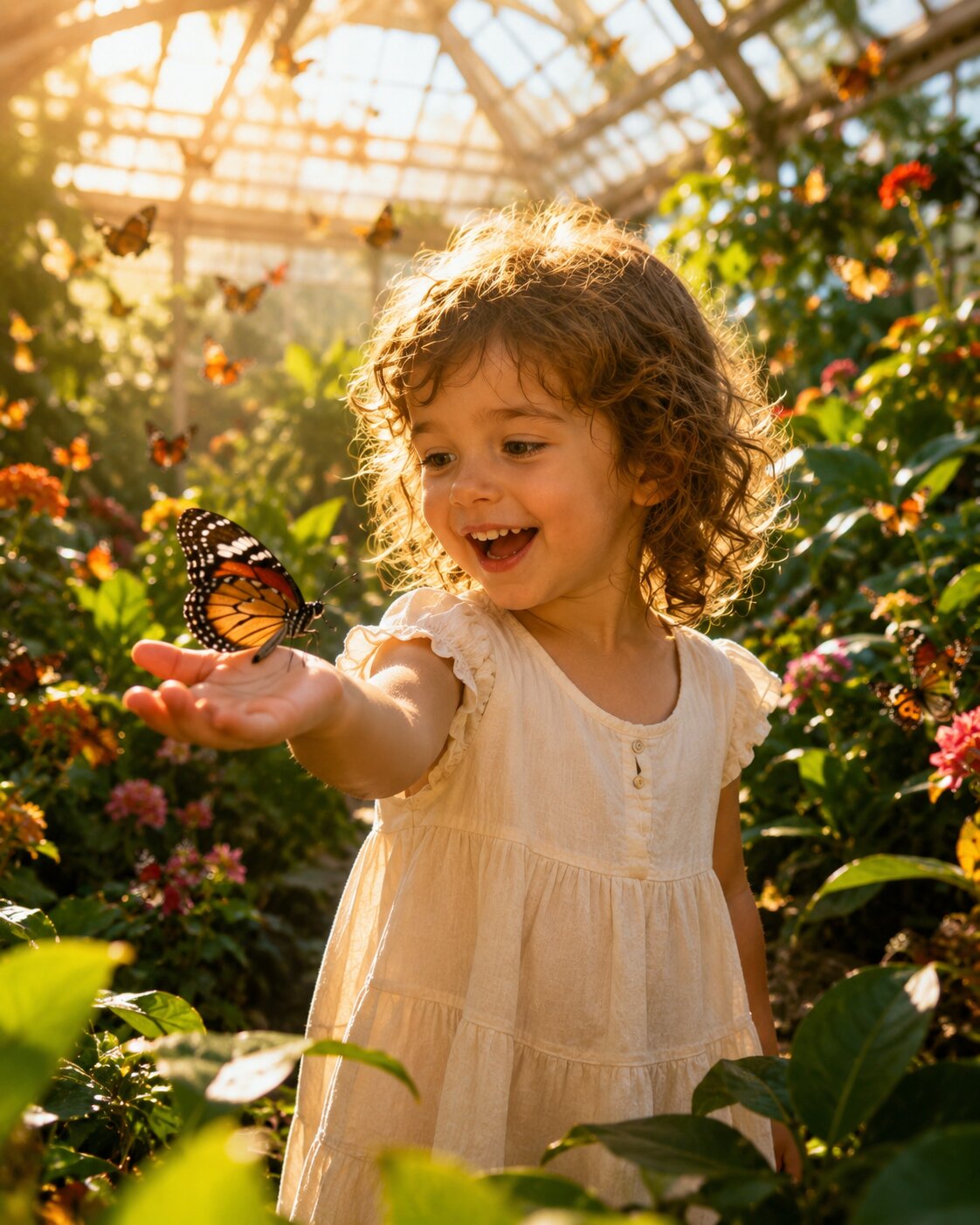 Child with colourful tropical butterfly on outstretched hand in a butterfly house