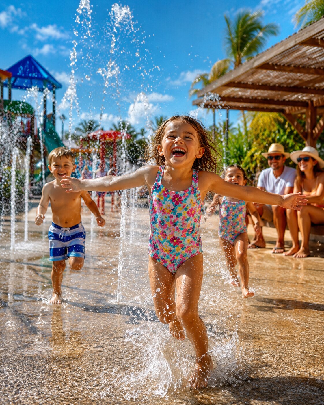 Children splashing in a water playground on a sunny summer day