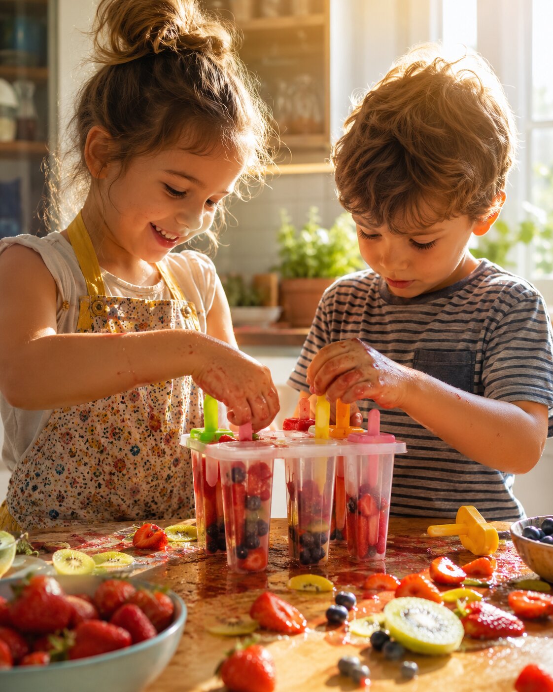 Children making colourful homemade ice lollies in the kitchen