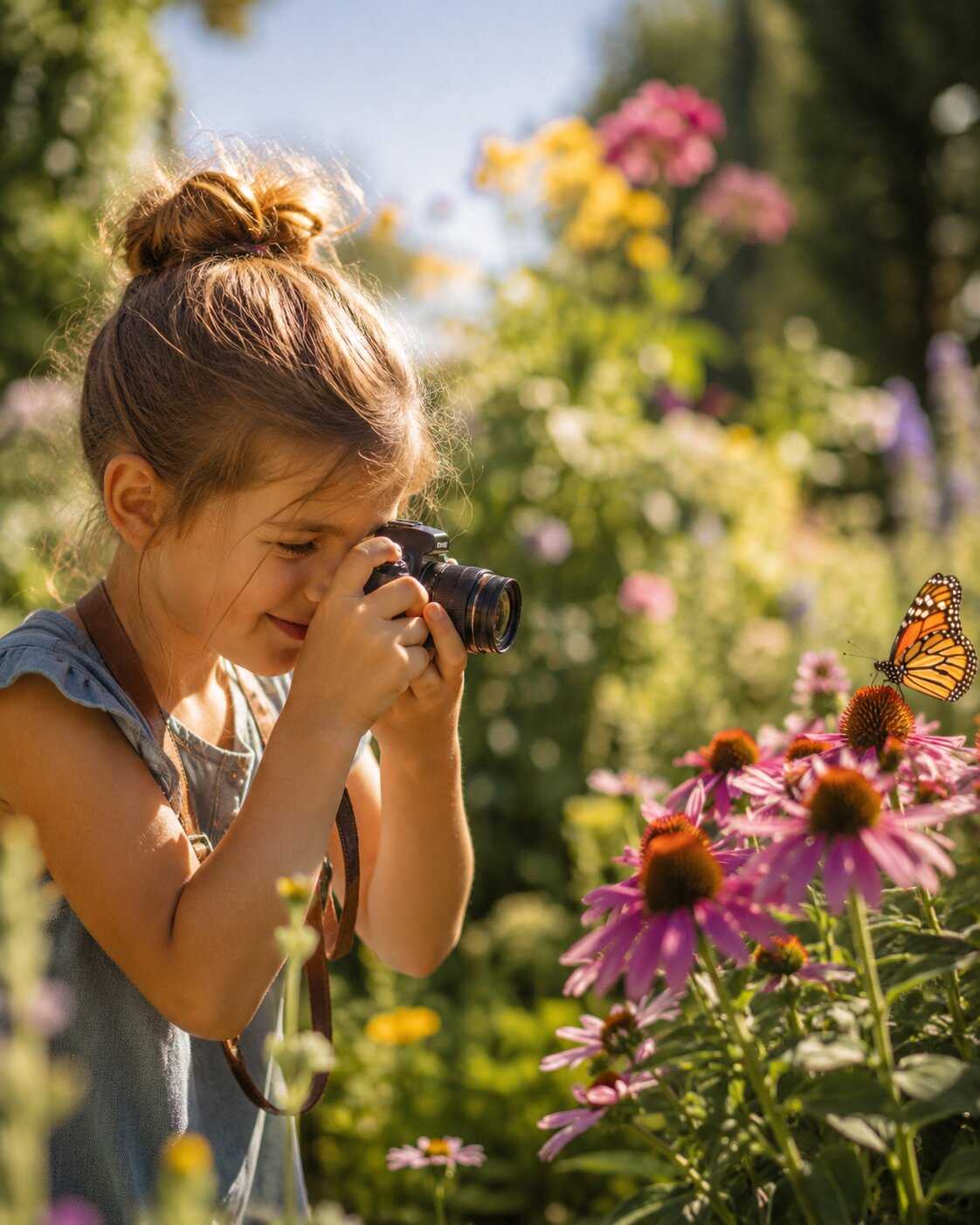 Child photographing outside in summer with a small camera