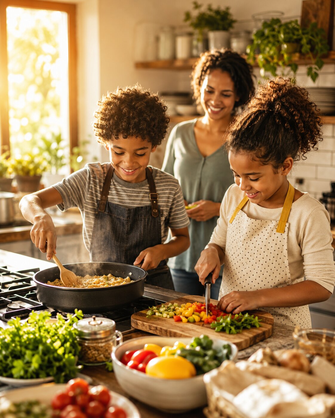 Children cooking a dish together in a summer kitchen
