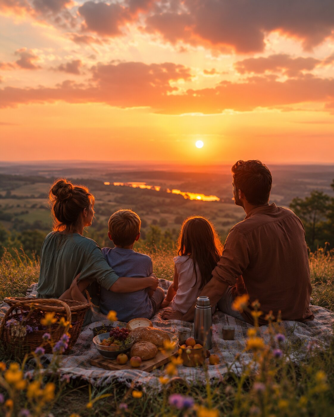 Family on a hill at an orange sunset with a picnic blanket